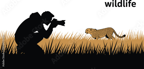 Wildlife Photographer Capturing Cheetah in Savannah Silhouette Illustration Vector Graphic Design