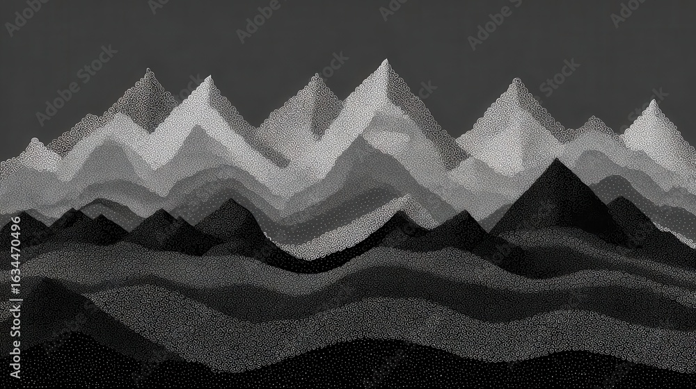 Obraz premium Layered grayscale mountainscape illustration.