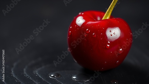 Close-up of ripe cherry with water droplets on dark wood and directional lighting.