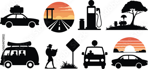 Road Trip Adventure Vector Icons Set Car Sunset Gas Station Traveler Map Signpost Van Journey