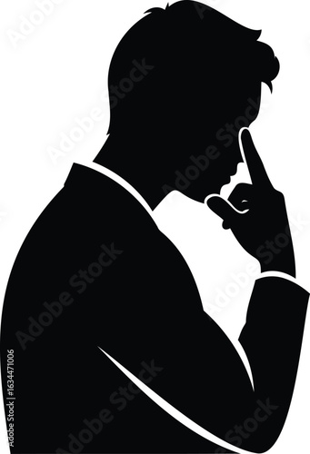 Silhouette of a thoughtful businessman in a suit with finger on temple representing a smart idea