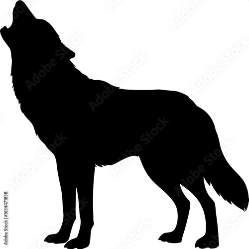 "Silhouette of a howling wolf, profile view, centered and standing naturally. The wolf is rendered in smooth black shapes against a pure white background. Its posture is alert and expressive, with a w