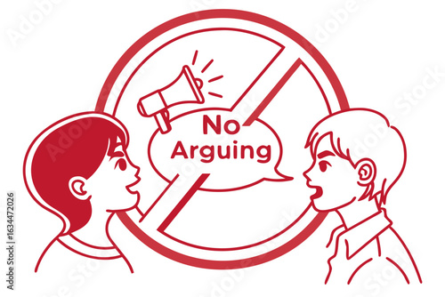 Two people are shown arguing with a no arguing symbol over them