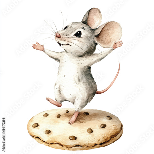 Playful Watercolor Mouse Balancing on a Chocolate Chip Cookie Arms Outstretched