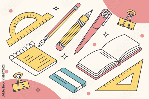Collection of colorful school supplies and stationery items