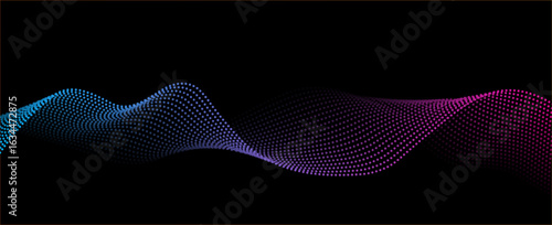 Flowing dots particles wave pattern pink and blue isolated on black, background. Vector in concept of technology, science, music, modern. eps 10