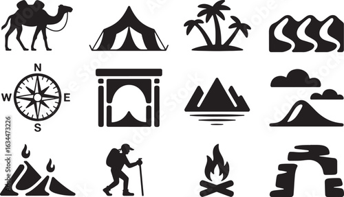 Camping and Outdoor Adventure Silhouette Vector Icons Set Isolated on Transparent Background