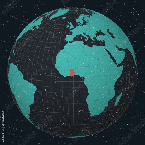 Republic of Ghana on Globe. Vintage look with grunge scratched texture. Country view on world map in Dark Charcoal Turquoise color palette. Ghana shape on map. Globe with meridians and parallels.