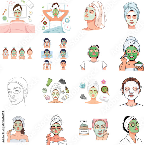 A collection of illustrations depicting women applying facial masks and skincare treatments.