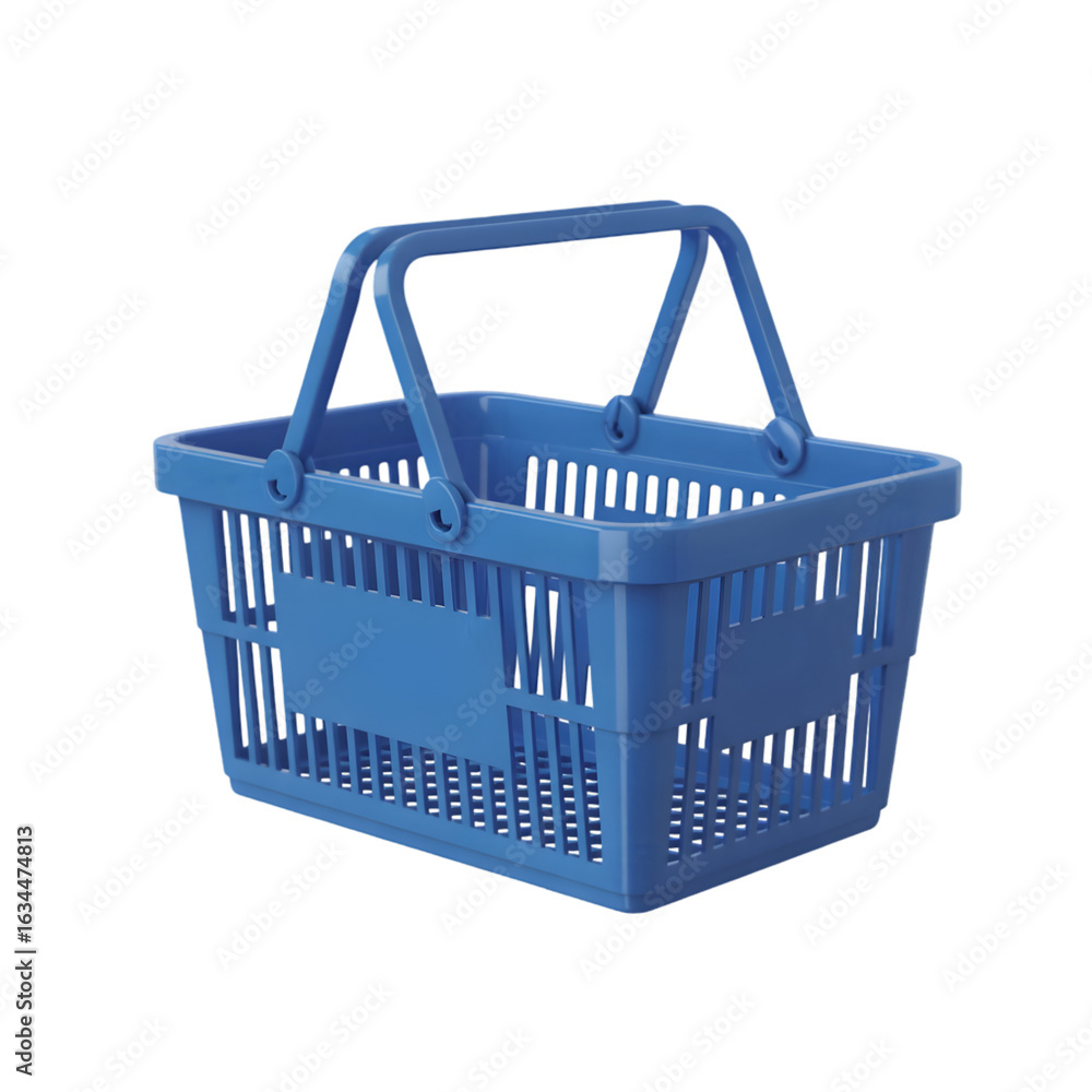 Fototapeta premium Blue plastic shopping basket with handle for retail grocery store use sale on transparent background