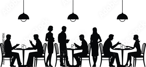 Silhouette of people dining, talking, and interacting in a restaurant with hanging lights, tables, and chairs, black and white vector, social gathering and service