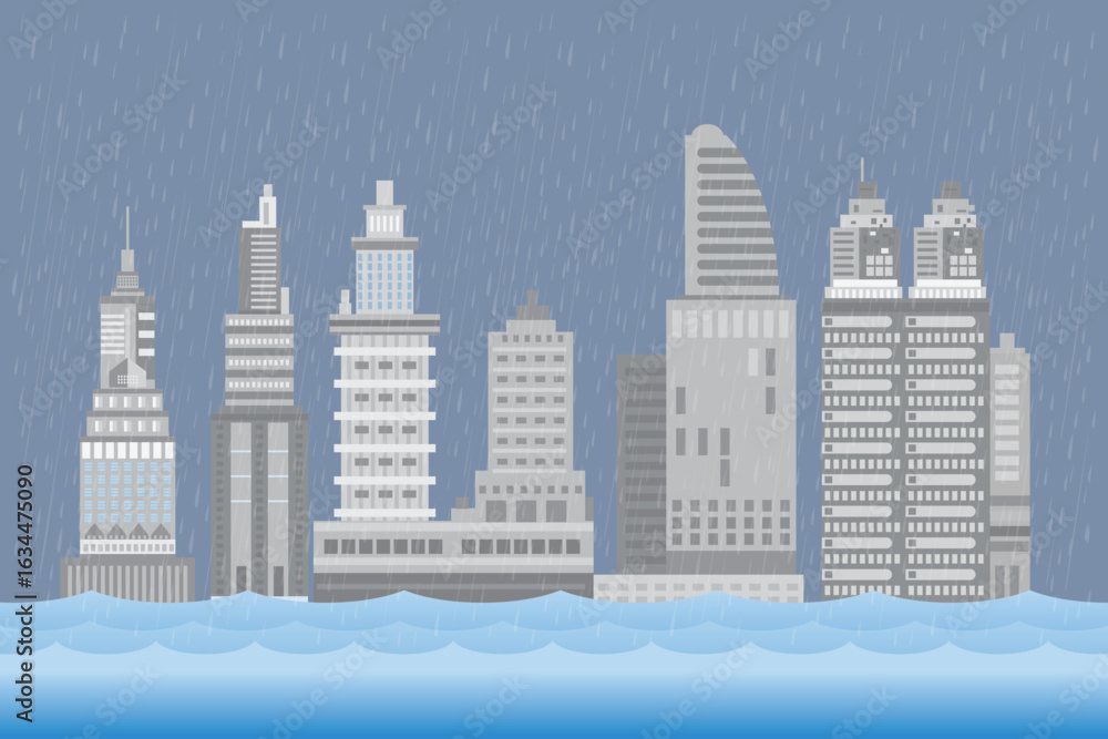 Fototapeta premium city ​​flood, Heavy rain , water in city street,vector illustration