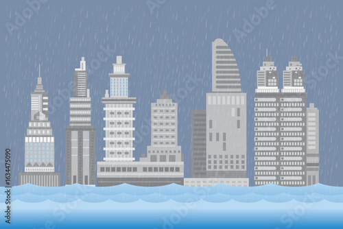 city ​​flood, Heavy rain , water in city street,vector illustration