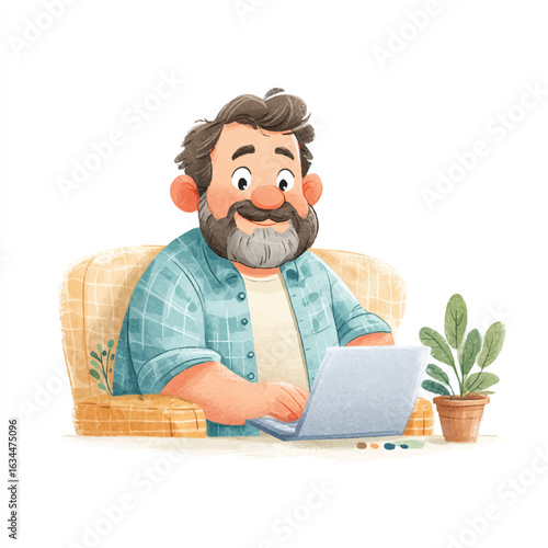 Relaxed Man Working on Laptop in a Cozy Setting