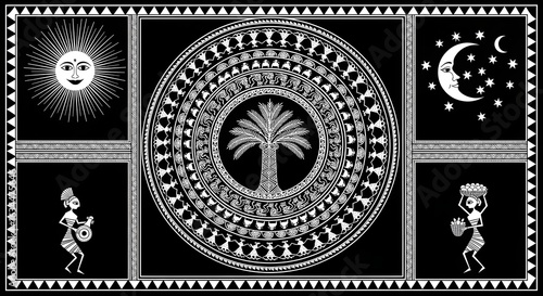 Elaborate Warli painting with Tree of Life, sun, moon, and dancing figures