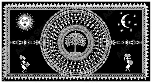 Elaborate Warli painting with Tree of Life, sun, moon, and dancing figures