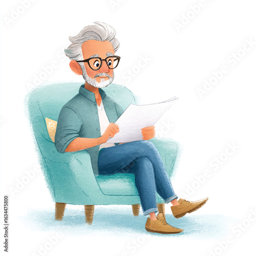 Relaxed Senior Man Reading in a Light Teal Armchair