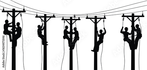 Silhouette of multiple electrical utility workers climbing and repairing power poles with safety harnesses, black and white vector, teamwork in power line maintenance and repair