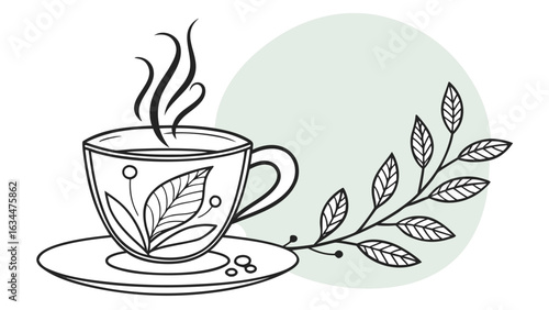 Herbal tea cup with steam and leaves saucer