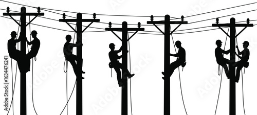 Silhouette of electrical utility workers climbing and working on power poles with safety harnesses, black and white vector, maintenance and repair of power lines