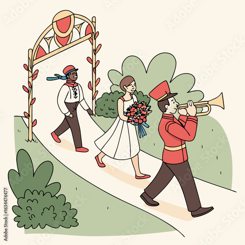 A Bride and Groom Walk Towards an Archway with a Trumpeter During an Outdoor Wedding Ceremony