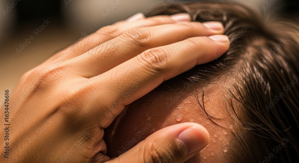 Fototapeta premium Exhaustion: A close-up shot of a person with perspiration on his forehead, hand on his forehead, conveying feeling hot and tired after a workout. 