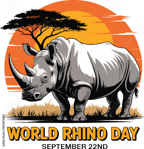 World Rhino Day illustration with a rhino, acacia tree, and sunset rhinoceros animal