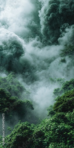 Lush green forest shrouded in a thick, misty haze