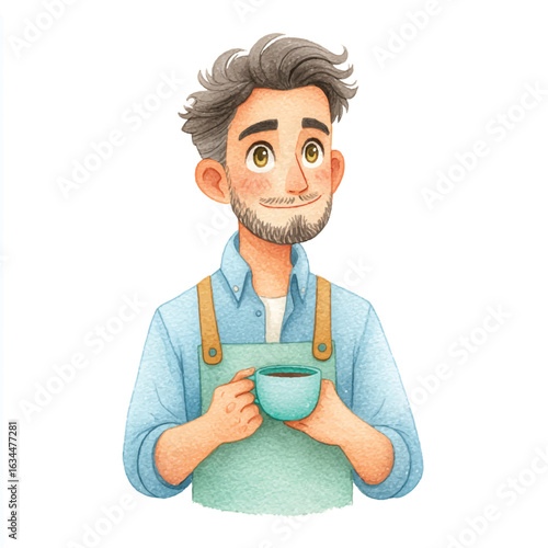 Smiling barista holding coffee cup wearing apron looking upwards with dreamy expression