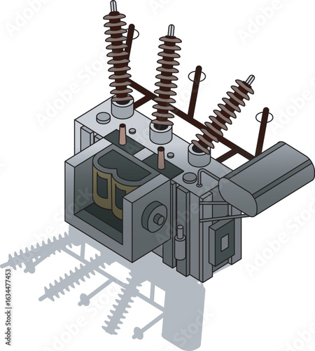 Isometric vector of a power transformer with internal coils and bushings, used in electrical substations. Ideal for illustrating energy transmission, high voltage systems, and utility equipment.
