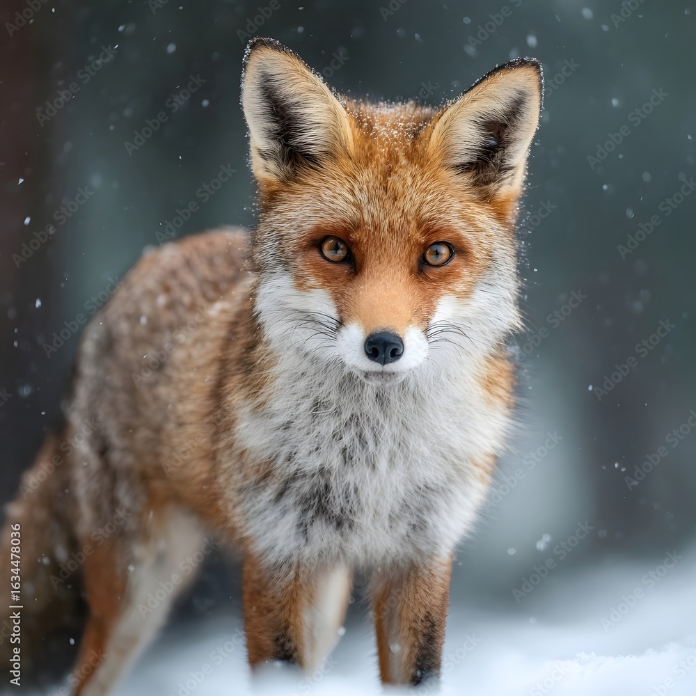 Fototapeta premium A Majestic Gaze: A close-up portrait of a striking red fox, its keen eyes meeting the viewer's gaze amidst a snowy landscape, showcasing its wild beauty.