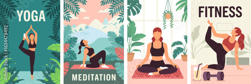 Healthy Lifestyle Vector Illustrations – Fitness, Yoga, Meditation, Proper Nutrition, and Sports Activities Featuring People Practicing Outdoors, at Home, and in Studio Environments for Wellness Desig