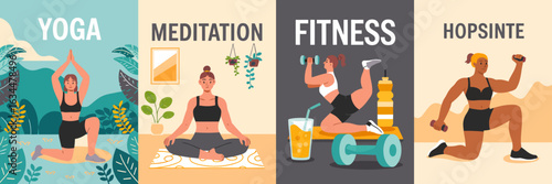 Healthy Lifestyle Vector Illustrations – Fitness, Yoga, Meditation, Proper Nutrition, and Sports Activities Featuring People Practicing Outdoors, at Home, and in Studio Environments for Wellness Desig