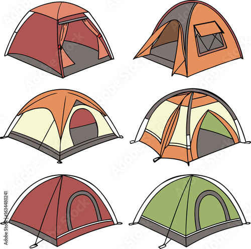 A set of camping icons for summer adventures and outdoor recreation, featuring tents, equipment, and nature elements