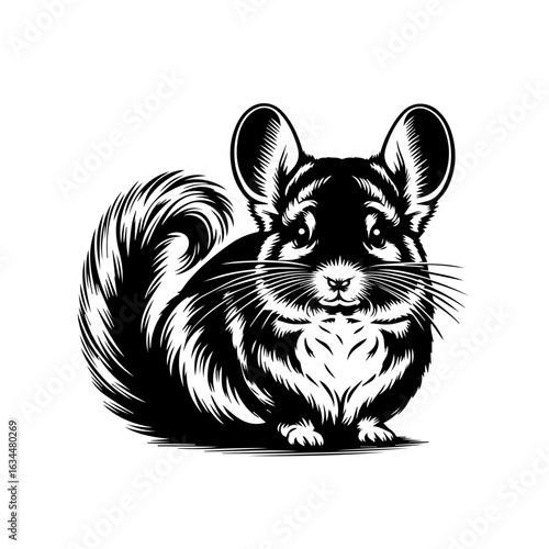 Cute Fluffy Chinchilla Black White Illustration.