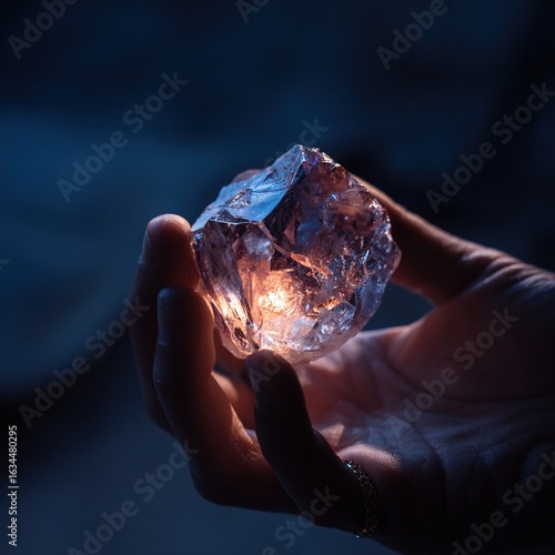 Close-up of a hand holding a glowing crystal against a dark background, using cinematic lighting effects to showcase the luxury and elegance of high-end jewelry style.