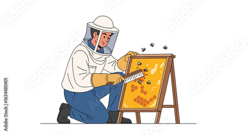 A dedicated beekeeper wearing protective gear meticulously examines a honeycomb frame with bees buzzing around the hive during a routine inspection
