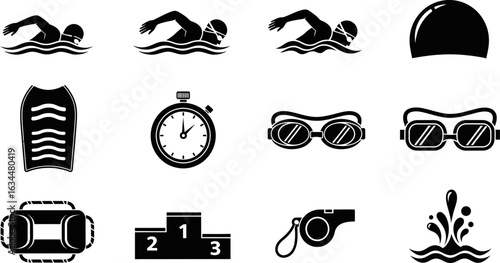Collection of swimming icons and symbols for sports and competition