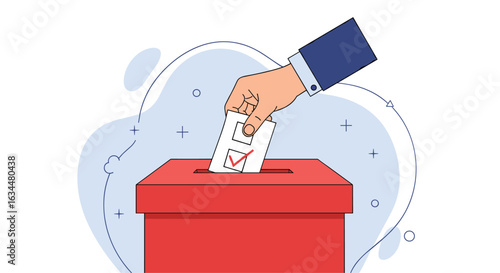 Hand placing marked ballot paper into red ballot box during election process demonstrating democratic voting and civic duty