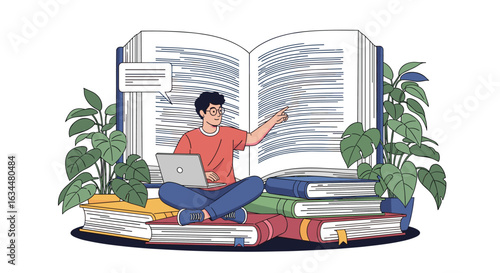 Young man with glasses studying on a laptop in front of a large open book surrounded by plants and books