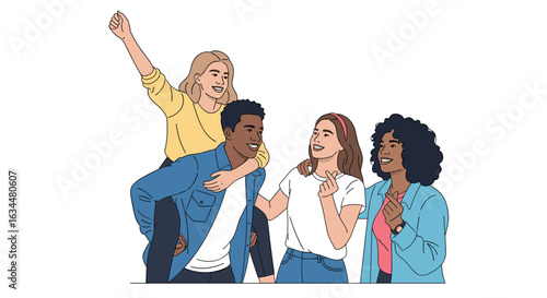 A diverse group of friends share a moment of joyful connection and laughter together