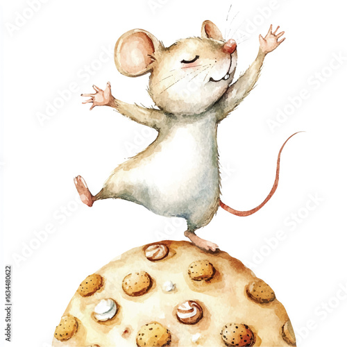 Joyful Mouse Balancing on Cookie with Arms Raised in Celebration