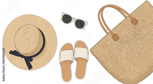 Essential summer accessories for a stylish beach getaway including a wide brimmed straw hat trendy sunglasses comfortable slides and a spacious woven tote bag