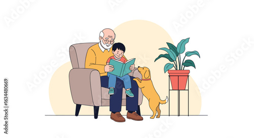 A loving grandfather shares a story with his grandson while their loyal dog watches attentively by the window