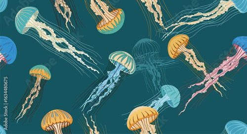 A mesmerizing underwater ballet of vibrant jellyfish floating gracefully through the deep blue ocean depths
