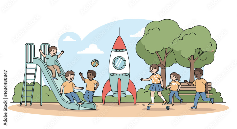 Obraz premium Children play at the park with a rocket ship and playground equipment
