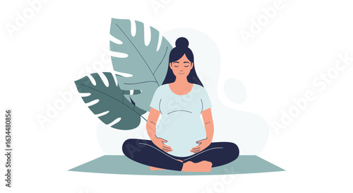 Pregnant woman peacefully meditating on a yoga mat surrounded by lush green leaves promoting tranquility and well-being during pregnancy