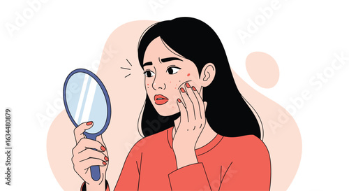 Young woman examining her face in a mirror showing acne pimples and skin concerns