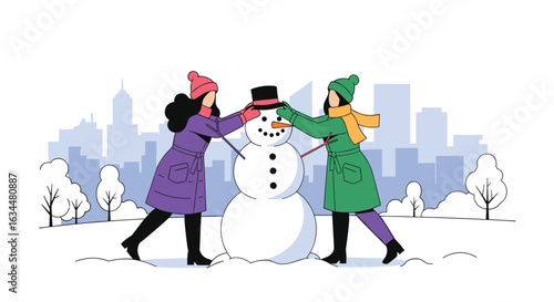 Two friends happily building a snowman together on a snowy winter day in the city