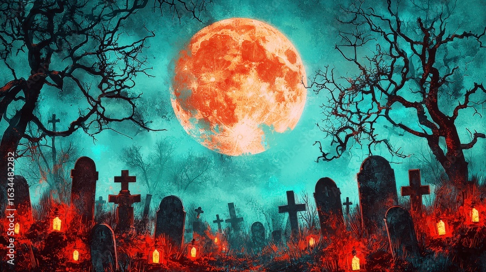 Obraz premium Eerie Moonlit Graveyard Illustration with Statues and Haunting Atmosphere for Halloween-themed Projects